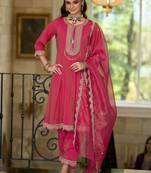 Embroidered Notch A-Line Kurta With Trousers & Dupatta