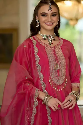 Embroidered Notch A-Line Kurta With Trousers & Dupatta
