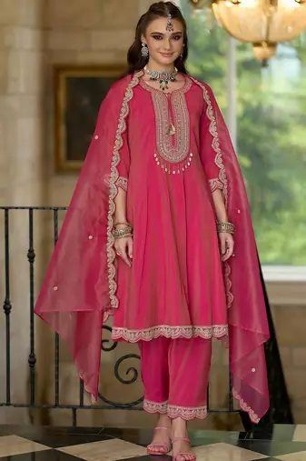 Embroidered Notch A-Line Kurta With Trousers & Dupatta
