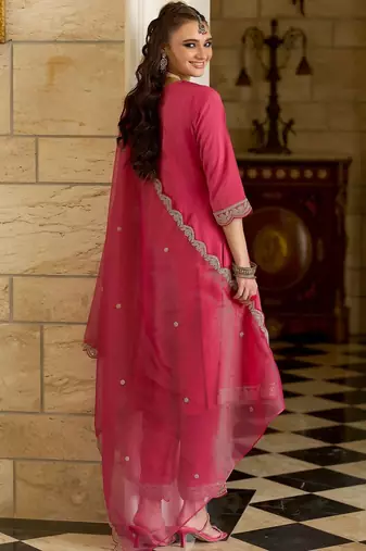 Embroidered Notch A-Line Kurta With Trousers & Dupatta