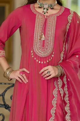 Embroidered Notch A-Line Kurta With Trousers & Dupatta