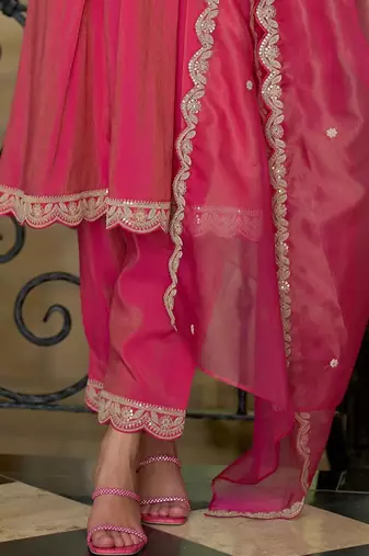 Embroidered Notch A-Line Kurta With Trousers & Dupatta