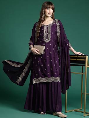 Ethnic Motifs Embroidered Regular Sequinned Kurta with Sharara & Dupatta 1