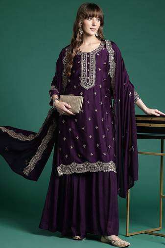 Ethnic Motifs Embroidered Regular Sequinned Kurta with Sharara & Dupatta