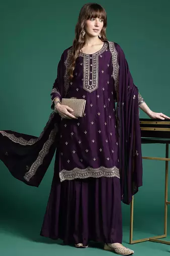 Ethnic Motifs Embroidered Regular Sequinned Kurta with Sharara & Dupatta