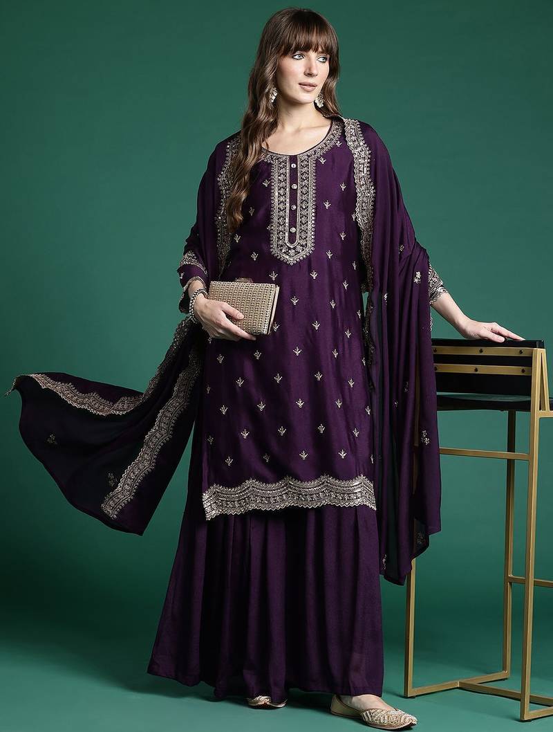 Ethnic Motifs Embroidered Regular Sequinned Kurta with Sharara & Dupatta