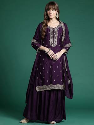 Ethnic Motifs Embroidered Regular Sequinned Kurta with Sharara & Dupatta 5