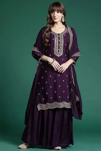 Ethnic Motifs Embroidered Regular Sequinned Kurta with Sharara & Dupatta
