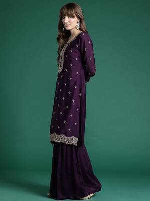 Ethnic Motifs Embroidered Regular Sequinned Kurta with Sharara & Dupatta 6