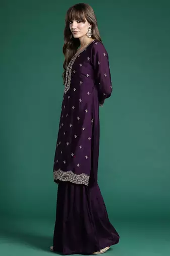 Ethnic Motifs Embroidered Regular Sequinned Kurta with Sharara & Dupatta