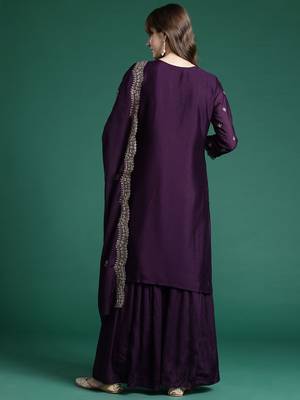 Ethnic Motifs Embroidered Regular Sequinned Kurta with Sharara & Dupatta 7