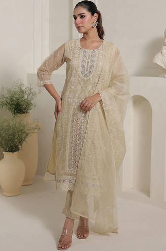 Women Solid Kurta with Trouser& With Dupatta