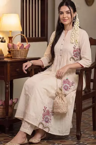 Women Floral Embroidered Regular Thread Work Pure Cotton Kurta with Trousers
