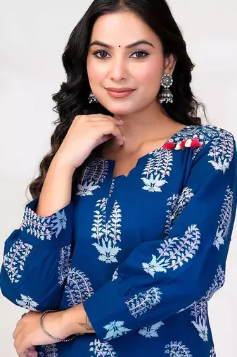 Women Ethnic Motifs Printed Regular Beads and Stones Pure Cotton Kurta with Trousers