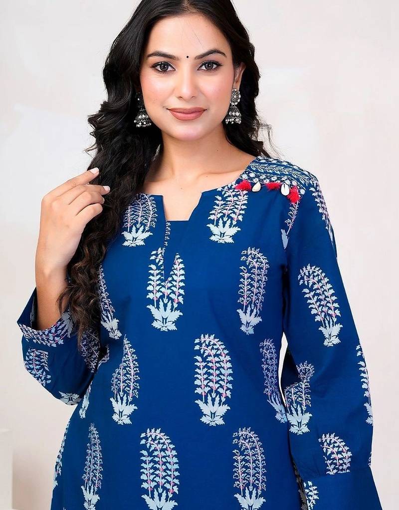 Women Ethnic Motifs Printed Regular Beads and Stones Pure Cotton Kurta with Trousers