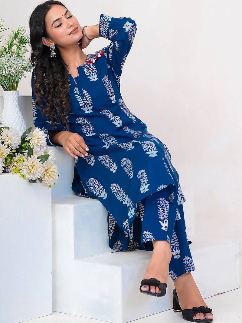 Women Ethnic Motifs Printed Regular Beads and Stones Pure Cotton Kurta with Trousers
