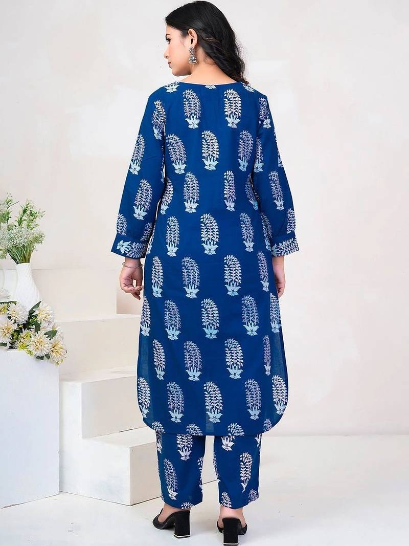 Women Ethnic Motifs Printed Regular Beads and Stones Pure Cotton Kurta with Trousers