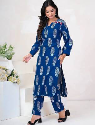 Women Ethnic Motifs Printed Regular Beads and Stones Pure Cotton Kurta with Trousers 5