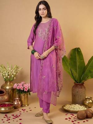 Women Ethnic Motifs Embroidered Regular Kurta with Trousers & With Dupatta 6
