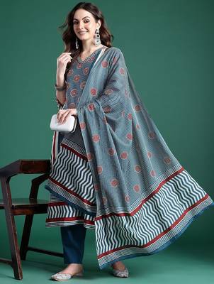 Striped Pure Cotton Kurta With Trousers & Dupatta 1