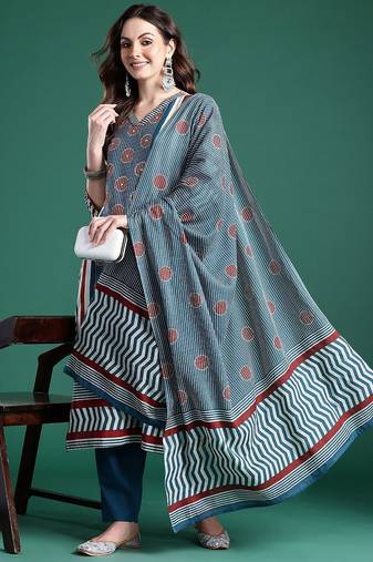 Striped Pure Cotton Kurta With Trousers & Dupatta