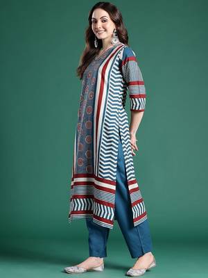Striped Pure Cotton Kurta With Trousers & Dupatta 5