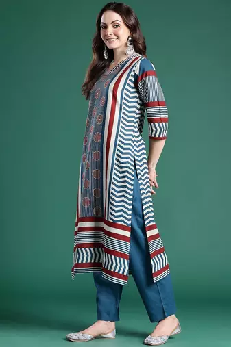 Striped Pure Cotton Kurta With Trousers & Dupatta