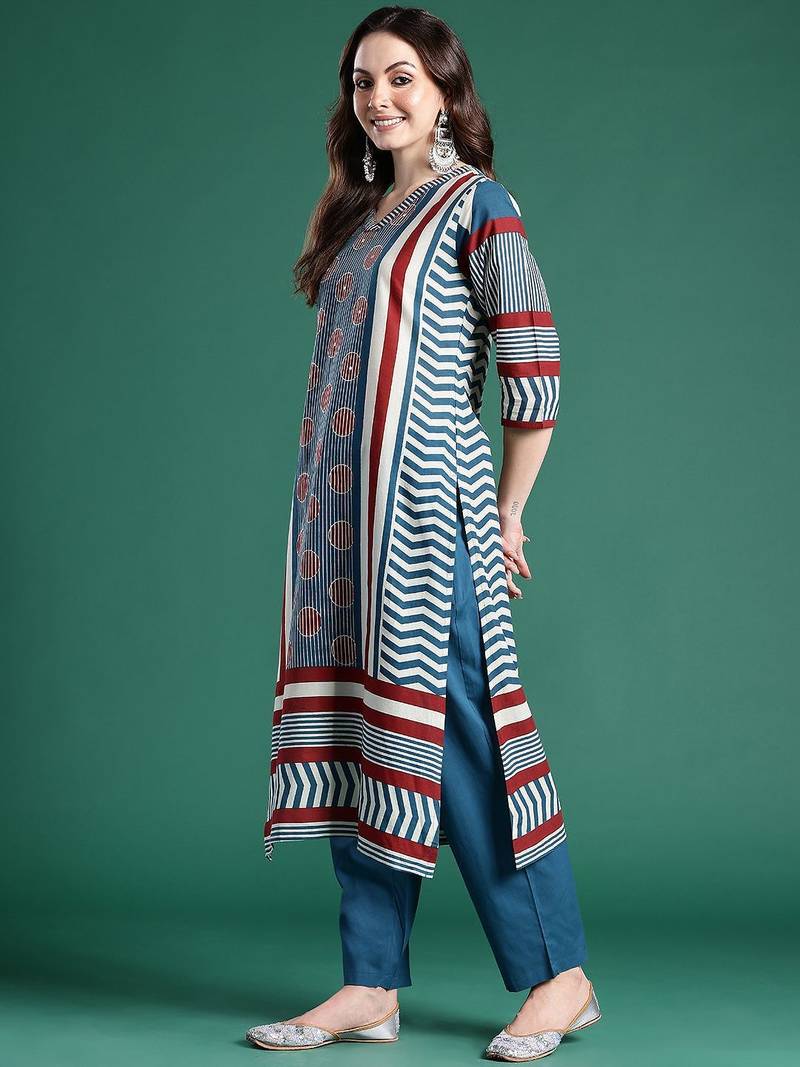 Striped Pure Cotton Kurta With Trousers & Dupatta