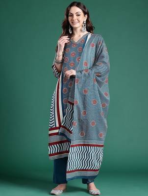 Striped Pure Cotton Kurta With Trousers & Dupatta 6