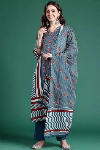 Striped Pure Cotton Kurta With Trousers & Dupatta