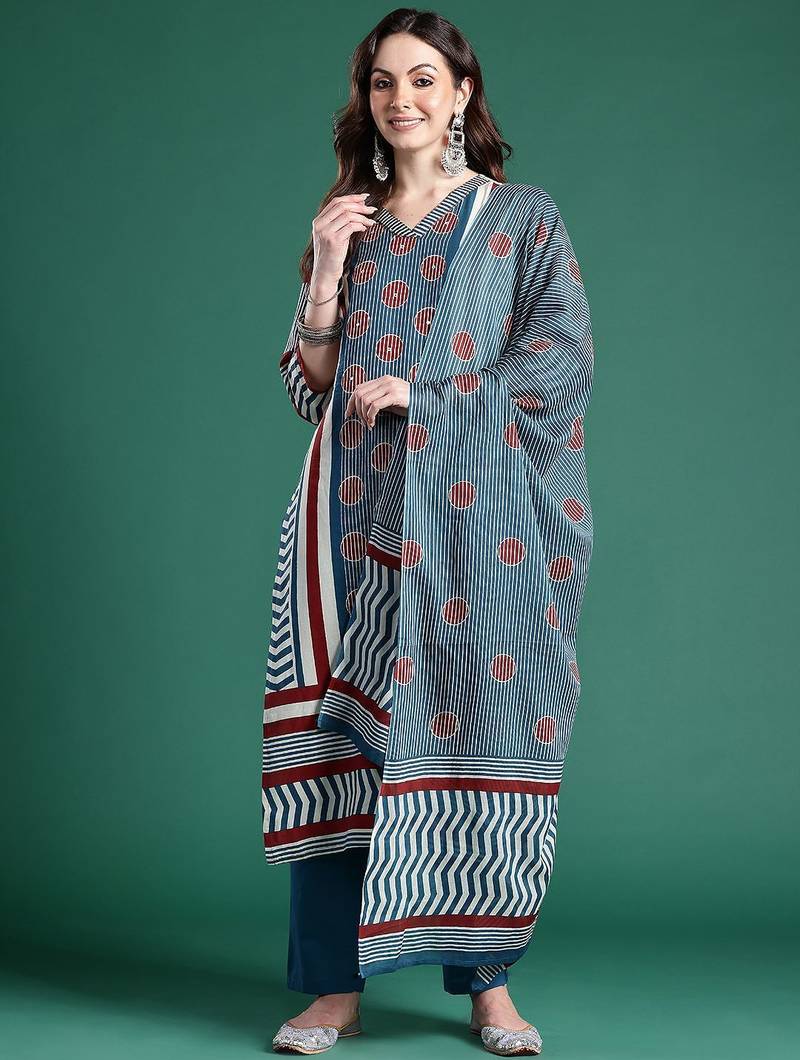 Striped Pure Cotton Kurta With Trousers & Dupatta