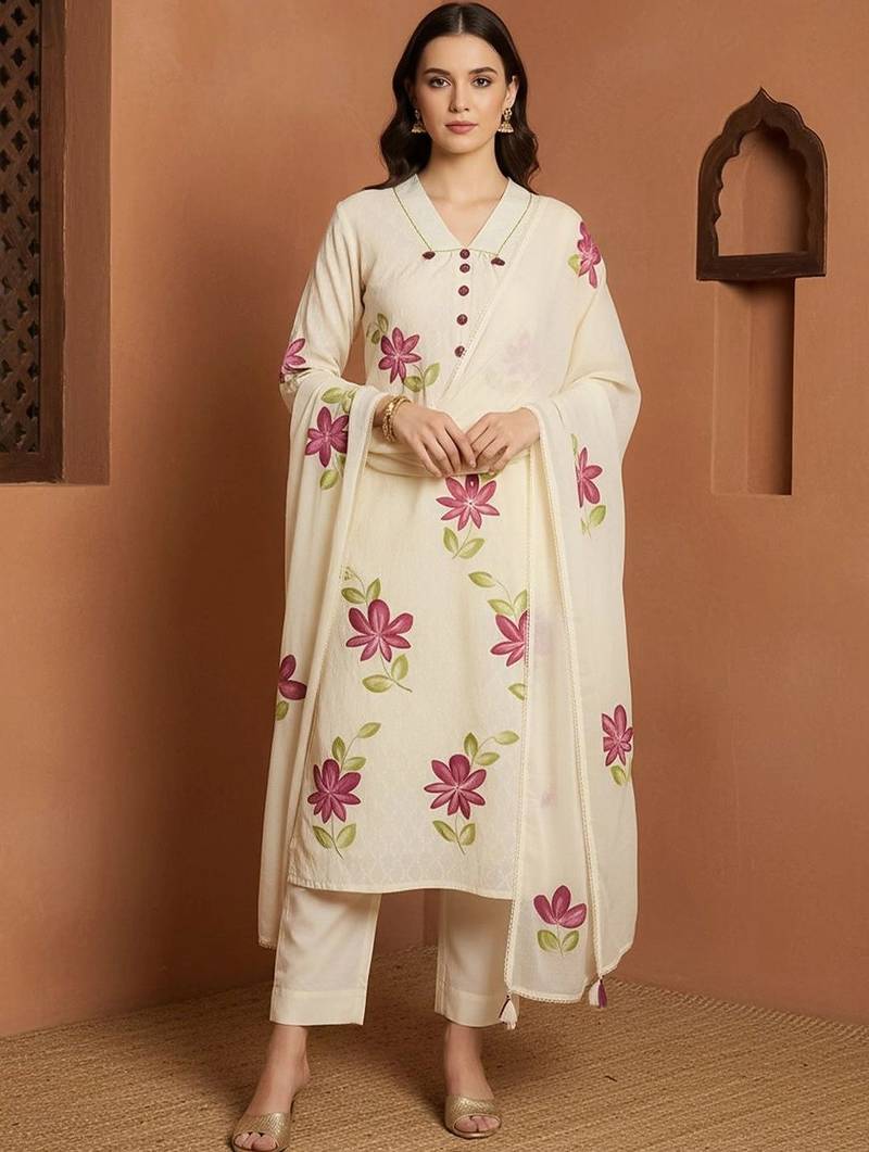 Women Floral Printed Regular Pure Cotton Kurta with Trousers & With Dupatta