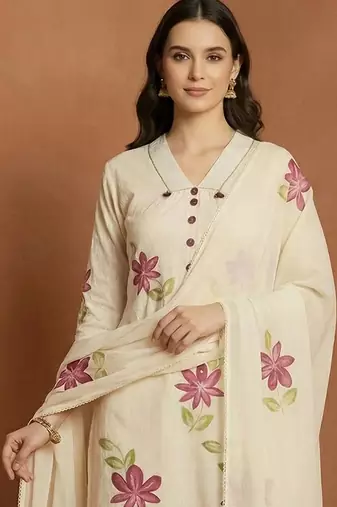 Women Floral Printed Regular Pure Cotton Kurta with Trousers & With Dupatta