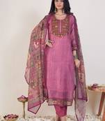 Ethnic Motifs Embroidered Chanderi Cotton Kurta With Trousers & Dupatta