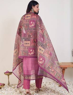 Ethnic Motifs Embroidered Chanderi Cotton Kurta With Trousers & Dupatta 5