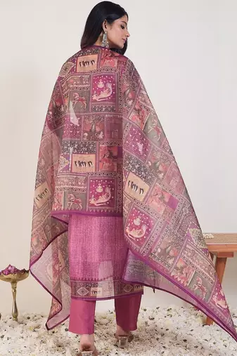 Ethnic Motifs Embroidered Chanderi Cotton Kurta With Trousers & Dupatta