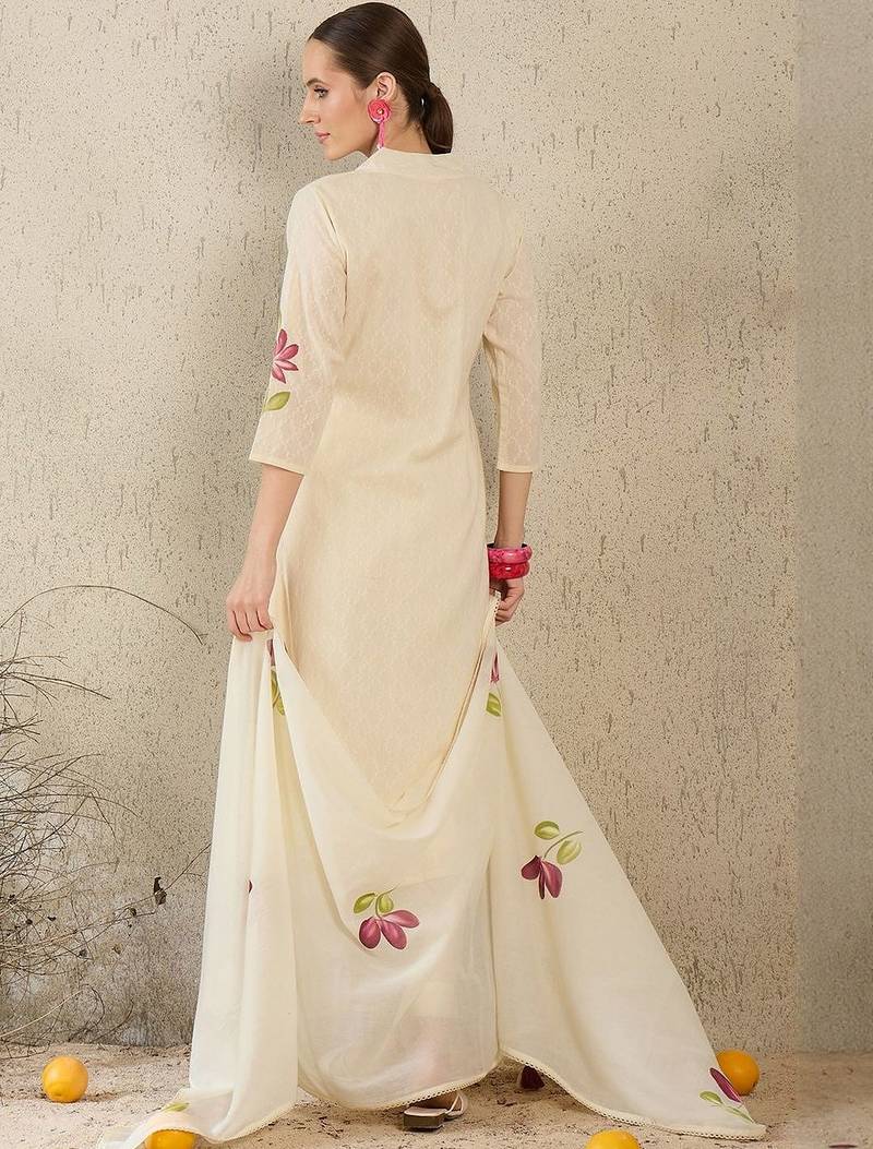 Women Floral Printed Regular Pure Cotton Straight Kurta with Trousers & Dupatta