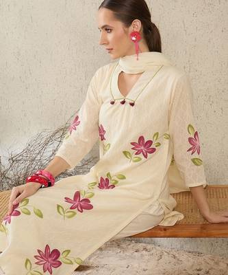 Women Floral Printed Regular Pure Cotton Straight Kurta with Trousers & Dupatta 6