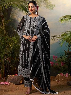 Women Floral Embroidered Cotton Kurta with Trousers & Dupatta 1