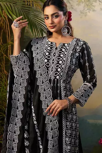 Women Floral Embroidered Cotton Kurta with Trousers & Dupatta