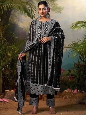 Women Floral Embroidered Cotton Kurta with Trousers & Dupatta 5
