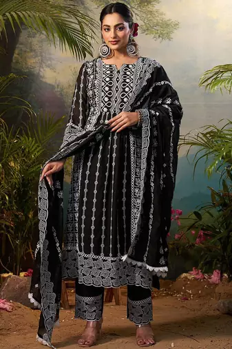 Women Floral Embroidered Cotton Kurta with Trousers & Dupatta