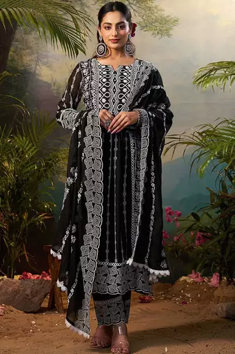 Women Floral Embroidered Cotton Kurta with Trousers & Dupatta