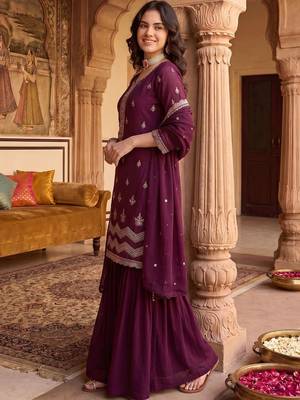 Women Ethnic Motifs Embroidered Regular Thread Work Kurta With Sharara & Dupatta 1