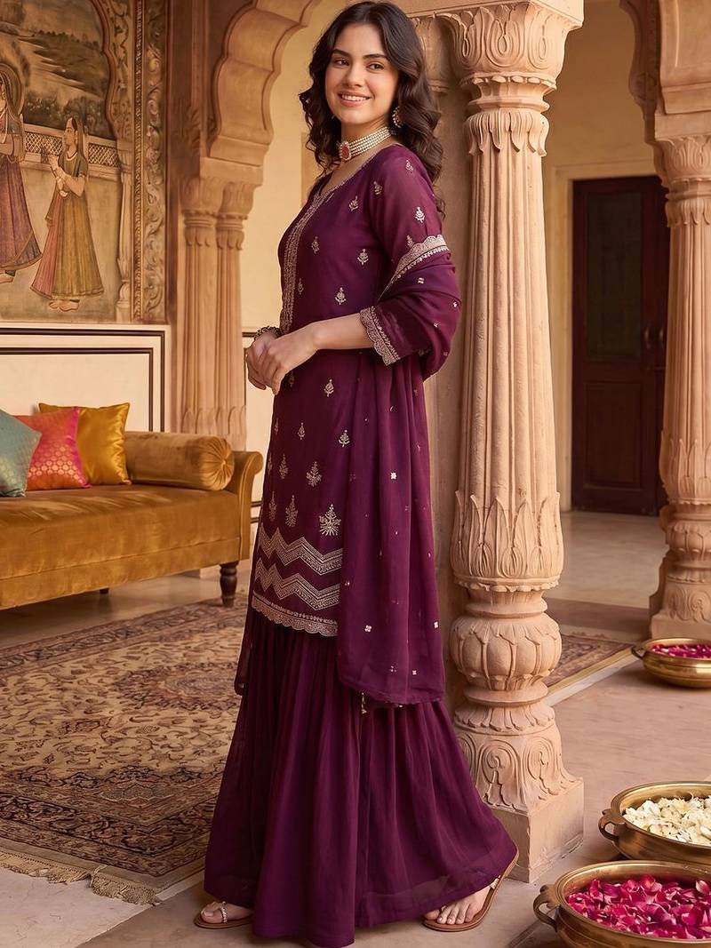 Women Ethnic Motifs Embroidered Regular Thread Work Kurta With Sharara & Dupatta