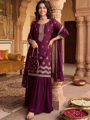 Women Ethnic Motifs Embroidered Regular Thread Work Kurta With Sharara & Dupatta 5