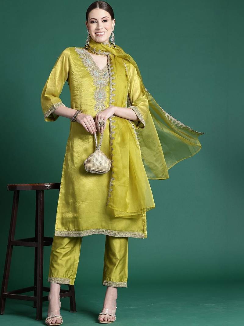 Women Ethnic Motifs Embroidered Regular Thread Work Kurta with Trousers & With Dupatta