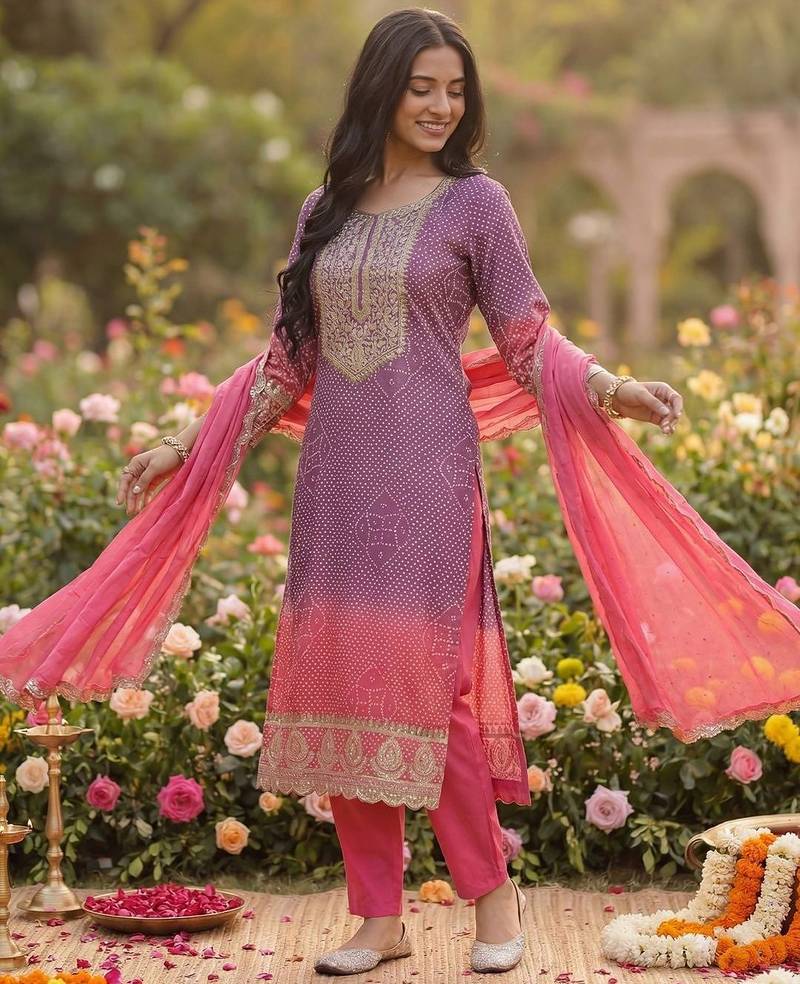 Women Ethnic Motifs Printed Regular Thread Work Kurta with Trousers & With Dupatta