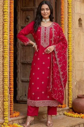 Women Ethnic Motifs Embroidered Regular Thread Work Kurta with Trousers & With Dupatta