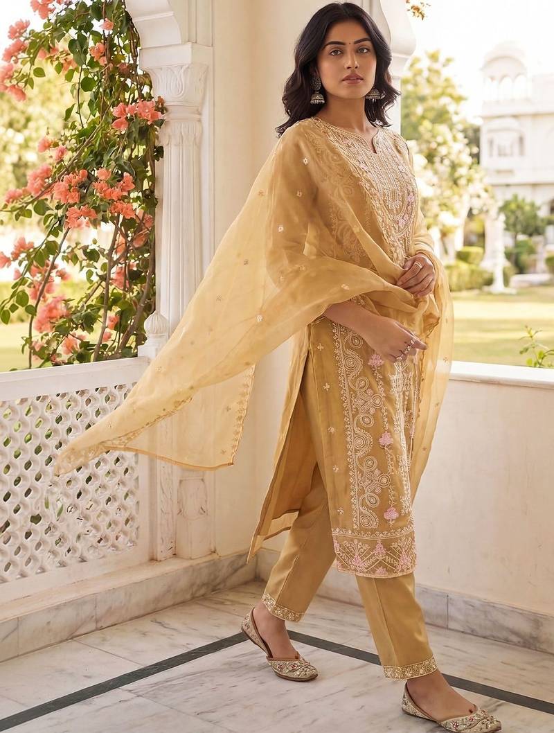 Women Floral Embroidered Regular Thread Work Kurta with Trousers & With Dupatta